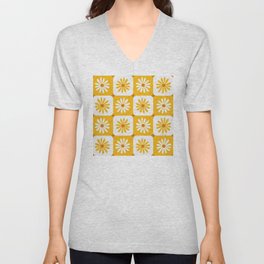 Checkered Daisies – Yellow V Neck T Shirt