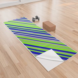 [ Thumbnail: Chartreuse, Blue, and Dark Gray Colored Lined Pattern Yoga Towel ]