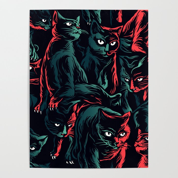 Abstract Black Cat Halloween Seamless Pattern Poster