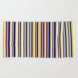 [ Thumbnail: Vibrant Red, Light Cyan, Yellow, Dark Blue, and Sky Blue Colored Lines Pattern Beach Towel ]