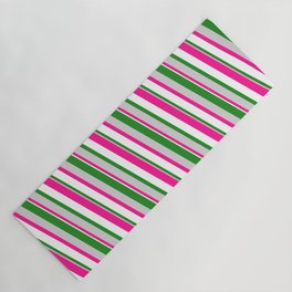[ Thumbnail: Forest Green, Light Grey, Deep Pink & White Colored Pattern of Stripes Yoga Mat ]