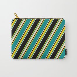 [ Thumbnail: Dark Cyan, Beige, Black, and Yellow Colored Lines/Stripes Pattern Carry-All Pouch ]