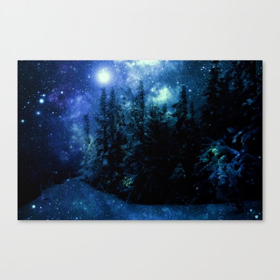 Galaxy Winter Forest Deep Blue Green Canvas Print