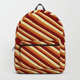 [ Thumbnail: Pale Goldenrod, Chocolate & Maroon Colored Lined/Striped Pattern Backpack ]
