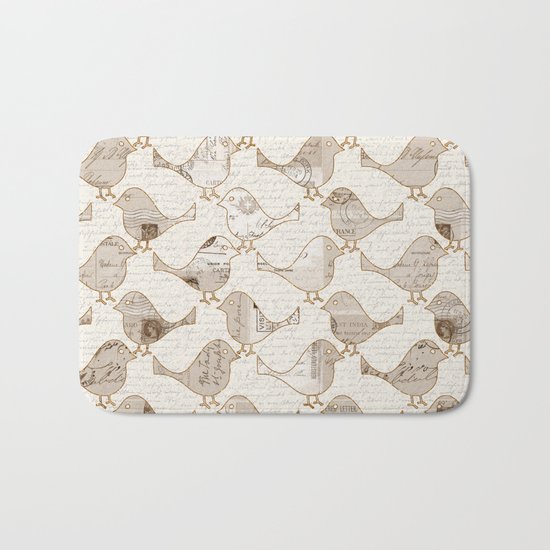 old letter pattern vintage birds art Bath Mat