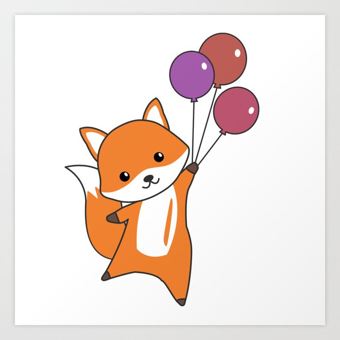 Fox Cute Animals Flies Balloons Children Art Print