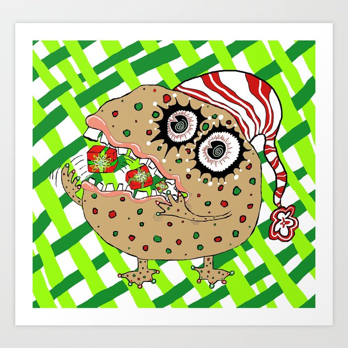 Christmas Fruitcake Monster, green lattice background Art Print