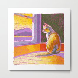 Sun Cat V2 | Interior Oil Pastel Cat Drawing | Warm, Vibrant Colors Metal Print