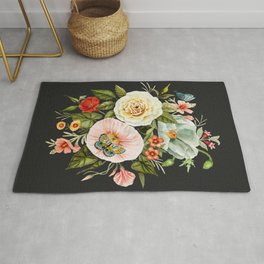 Wildflower and Butterflies Bouquet on Charcoal Black Rug | Florals, Rosebud, Botany, Botanical, Watercolor, Goldflowers, Curated, Flower, Rose, Poppy 