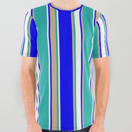[ Thumbnail: Blue, Tan, Light Sea Green, and White Colored Striped Pattern All Over Graphic Tee ]