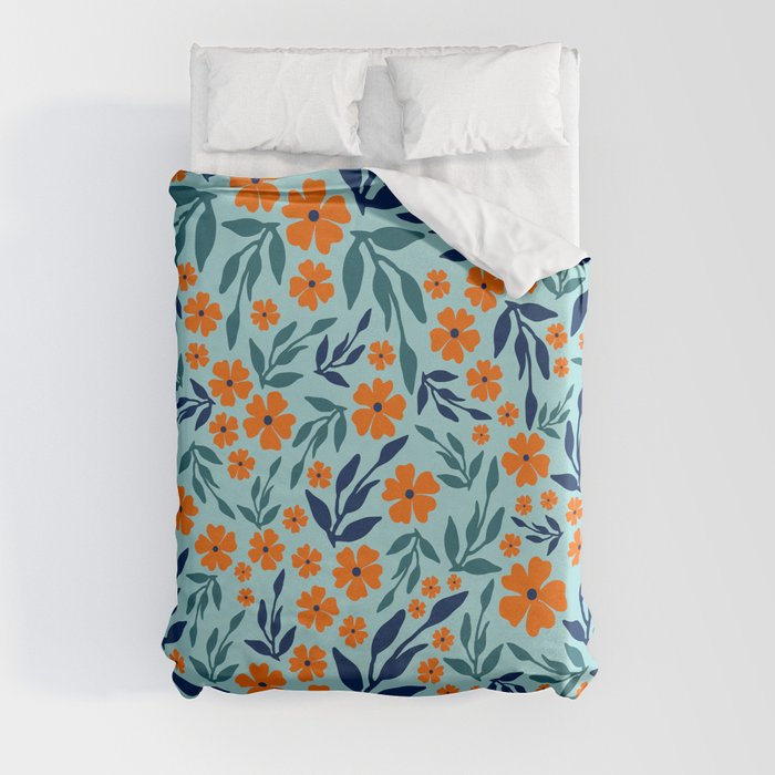 Cheerful Floral Prints, Turquoise, Navy, Teal, Orange Duvet Cover