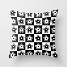 Retro Checkerboard Burlap Flowers Black And White Throw Pillow