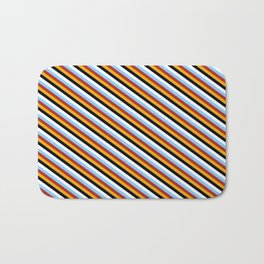 [ Thumbnail: Colorful Light Sky Blue, Brown, Orange, Black & White Colored Lined/Striped Pattern Bath Mat ]