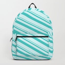 [ Thumbnail: Turquoise and Light Cyan Colored Lined/Striped Pattern Backpack ]