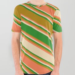 [ Thumbnail: Coral, Tan, Forest Green, and Dark Goldenrod Colored Stripes/Lines Pattern All Over Graphic Tee ]