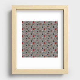 Ladybug and Floral Seamless Pattern on Grey Background Recessed Framed Print