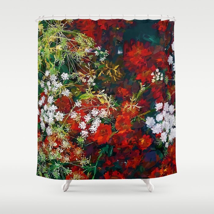 Red poppies and baby's breath bouquets still life floral blossom portrait painting for home, wall, bedroom, kitchen, and living room decor Shower Curtain