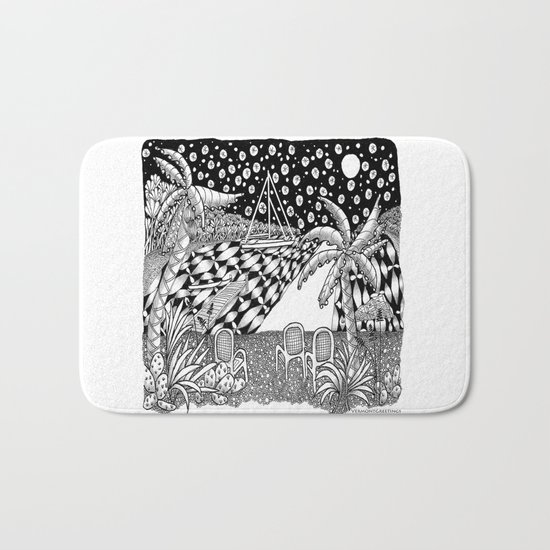 Sailboat Night at Sea - Black and White Zentangle Illustration Bath Mat
