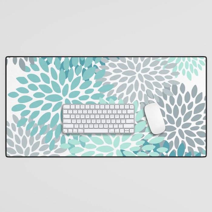 Floral Pattern, Aqua, Teal, Turquoise and Gray Desk Mat