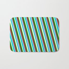 [ Thumbnail: Colorful Brown, Light Sky Blue, Dark Turquoise, Light Yellow & Green Colored Lined/Striped Pattern Bath Mat ]
