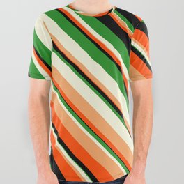 [ Thumbnail: Vibrant Forest Green, Beige, Brown, Red & Black Colored Lines Pattern All Over Graphic Tee ]