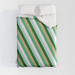 [ Thumbnail: Eye-catching Tan, Sea Green, White, Powder Blue, and Dark Green Colored Pattern of Stripes Duvet Cover ]