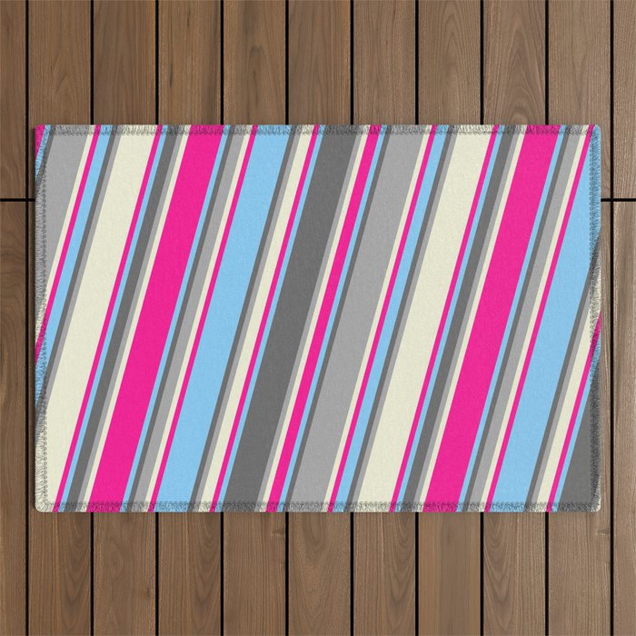 Colorful Light Sky Blue, Dim Grey, Dark Grey, Beige, and Deep Pink Colored Pattern of Stripes Outdoor Rug
