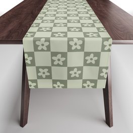 Abstract Floral Checker Pattern 13 in Sage Green Table Runner