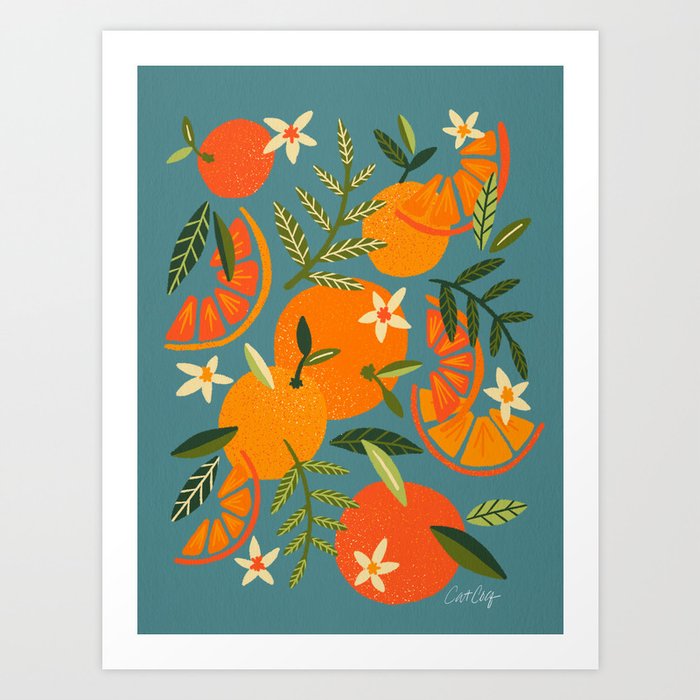 Orange Blooms – Blue Palette Art Print