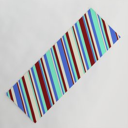 [ Thumbnail: Royal Blue, Aquamarine, Maroon & Beige Colored Striped Pattern Yoga Mat ]
