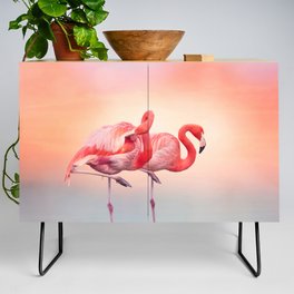 Two Pink flamingos in the water at sunset Credenza