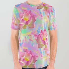 Lotus Flower Blossom with Watercolor Art All Over Graphic Tee