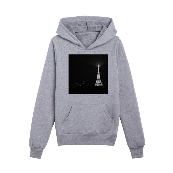 Street view Eiffel Tower search light night cityscape of Paris, France black and white photograph - photography - photographs Kids Pullover Hoodie