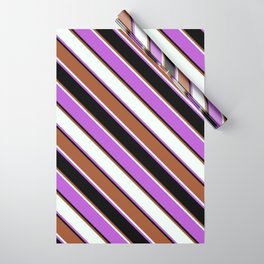 [ Thumbnail: Sienna, Mint Cream, Orchid & Black Colored Pattern of Stripes Wrapping Paper ]