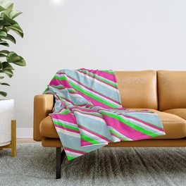 [ Thumbnail: Lime, Deep Pink, White & Light Blue Colored Pattern of Stripes Throw Blanket ]