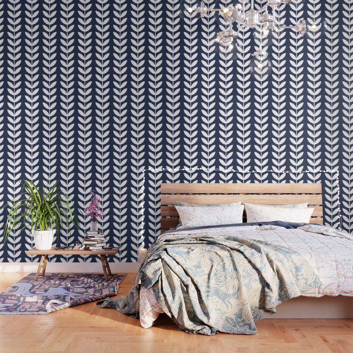 Navy Blue and White Scandinavian leaves pattern Wallpaper