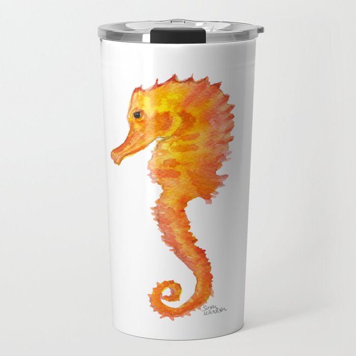 Seahorse Watercolor Painting Orange Ocean Animal Travel Mug By