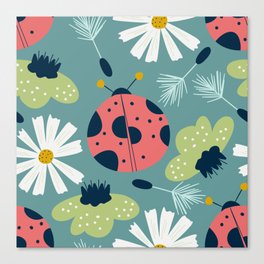 Spring seamless pattern with ladybug and flower Canvas Print