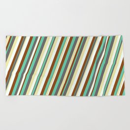 [ Thumbnail: Vibrant Aquamarine, Dim Grey, Pale Goldenrod, Mint Cream, and Brown Colored Lined Pattern Beach Towel ]