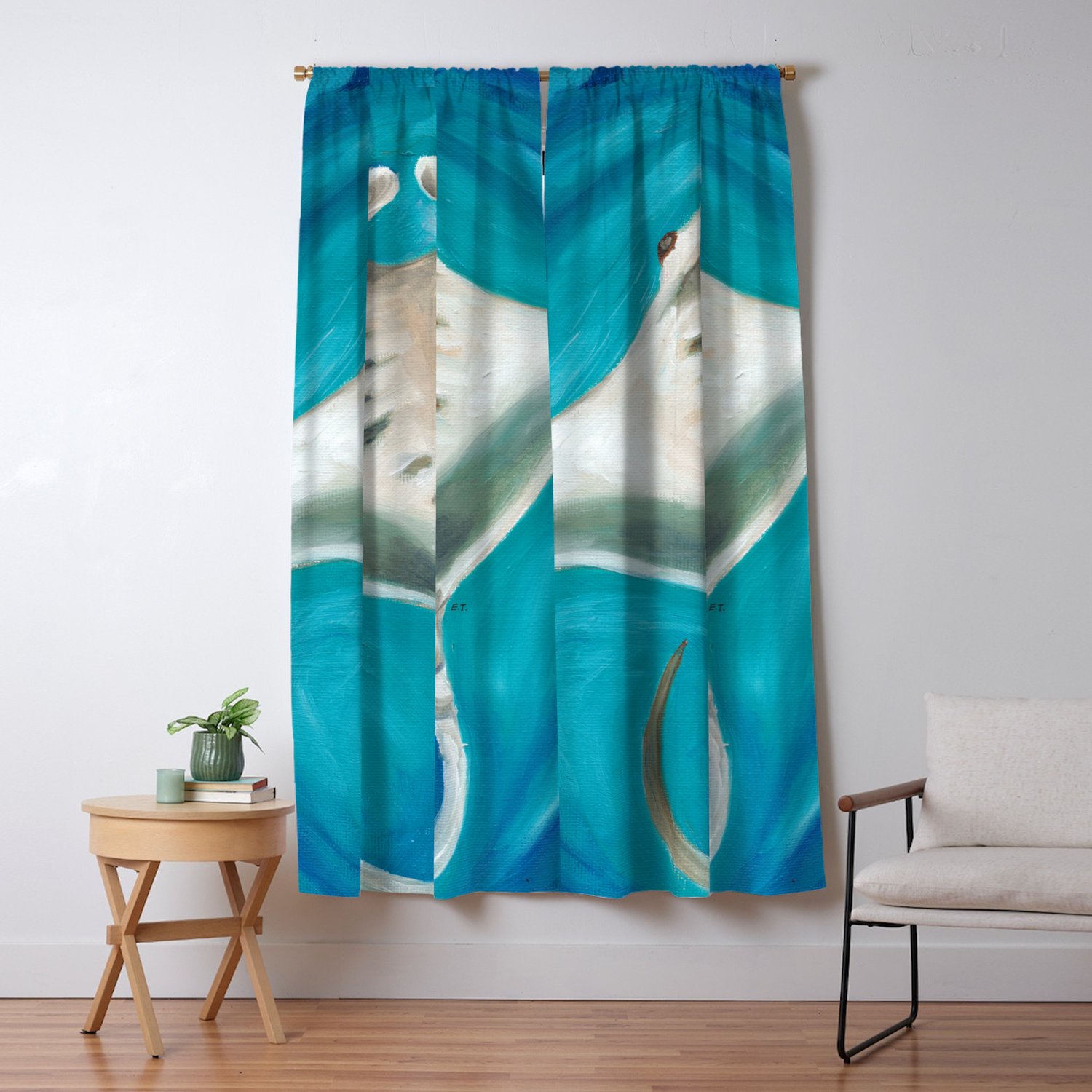 Manta Ray In Blue Oil Painting Blackout Curtain By Eveystudios