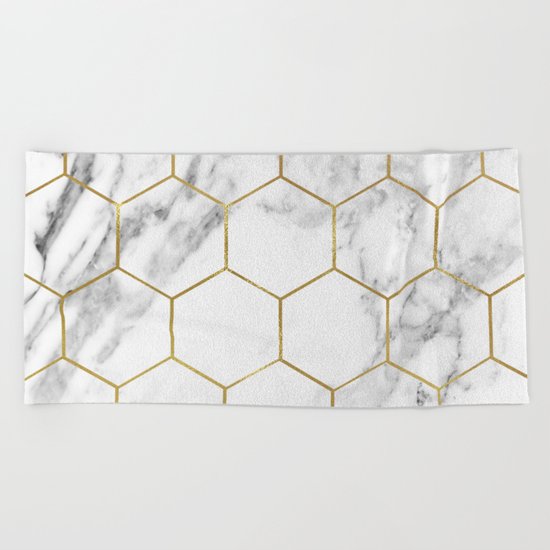 Gold marble hexagon pattern Beach Towel