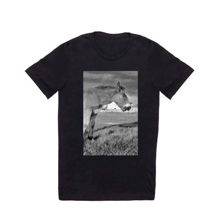 Monochrome horse foal pasture in the countryside T Shirt