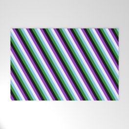 [ Thumbnail: Eye-catching Dark Orchid, White, Light Sky Blue, Forest Green, and Black Colored Stripes Pattern Welcome Mat ]