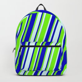 [ Thumbnail: Light Cyan, Blue & Green Colored Lined/Striped Pattern Backpack ]