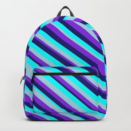 [ Thumbnail: Midnight Blue, Aqua, Light Blue, and Purple Colored Lined/Striped Pattern Backpack ]