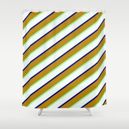 [ Thumbnail: Dark Goldenrod, Green, Mint Cream, and Blue Colored Striped/Lined Pattern Shower Curtain ]