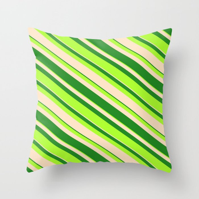 Forest Green, Light Green, and Bisque Colored Striped/Lined Pattern Throw Pillow