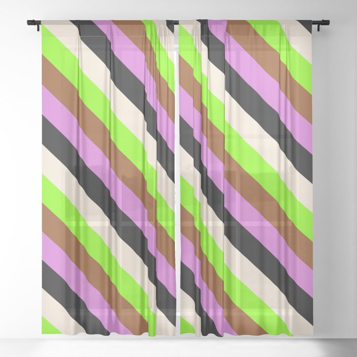 Eyecatching Beige, Chartreuse, Brown, Orchid & Black Colored Lined Pattern Sheer Curtain