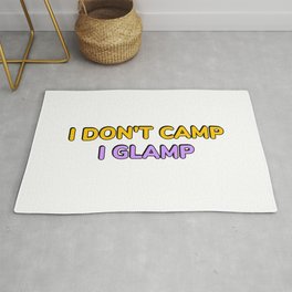 I don't camp, I glamp - yellow purple Rug | Letsgocamping, Rvking, Graphicdesign, Happycamper, Motorhome, Glamper, Recreationaltrailer, Adventuretrip, Glampingprincess, Ratherbecamping 