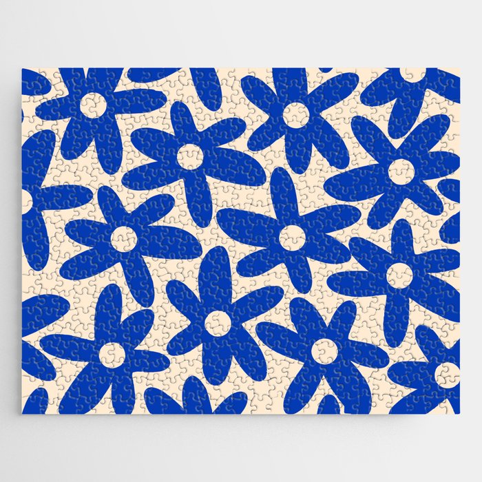 Daisy Time Retro Floral Pattern in Bright Blue and Cream Jigsaw Puzzle